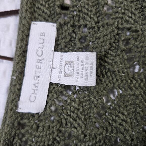 Charter Club Olive Green Cotton Pointelle Knit Sweater L V-Neck Scalloped Boho - Picture 4 of 8